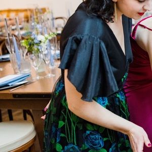 Vintage flouncy shoulder black multicolor lace midi cocktail dress, sz 2